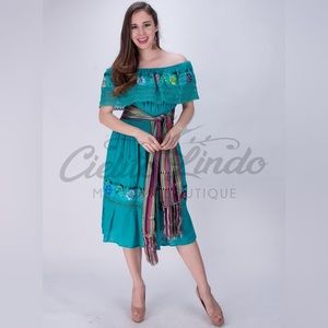 Mexican Campesina Midi Teal Dress